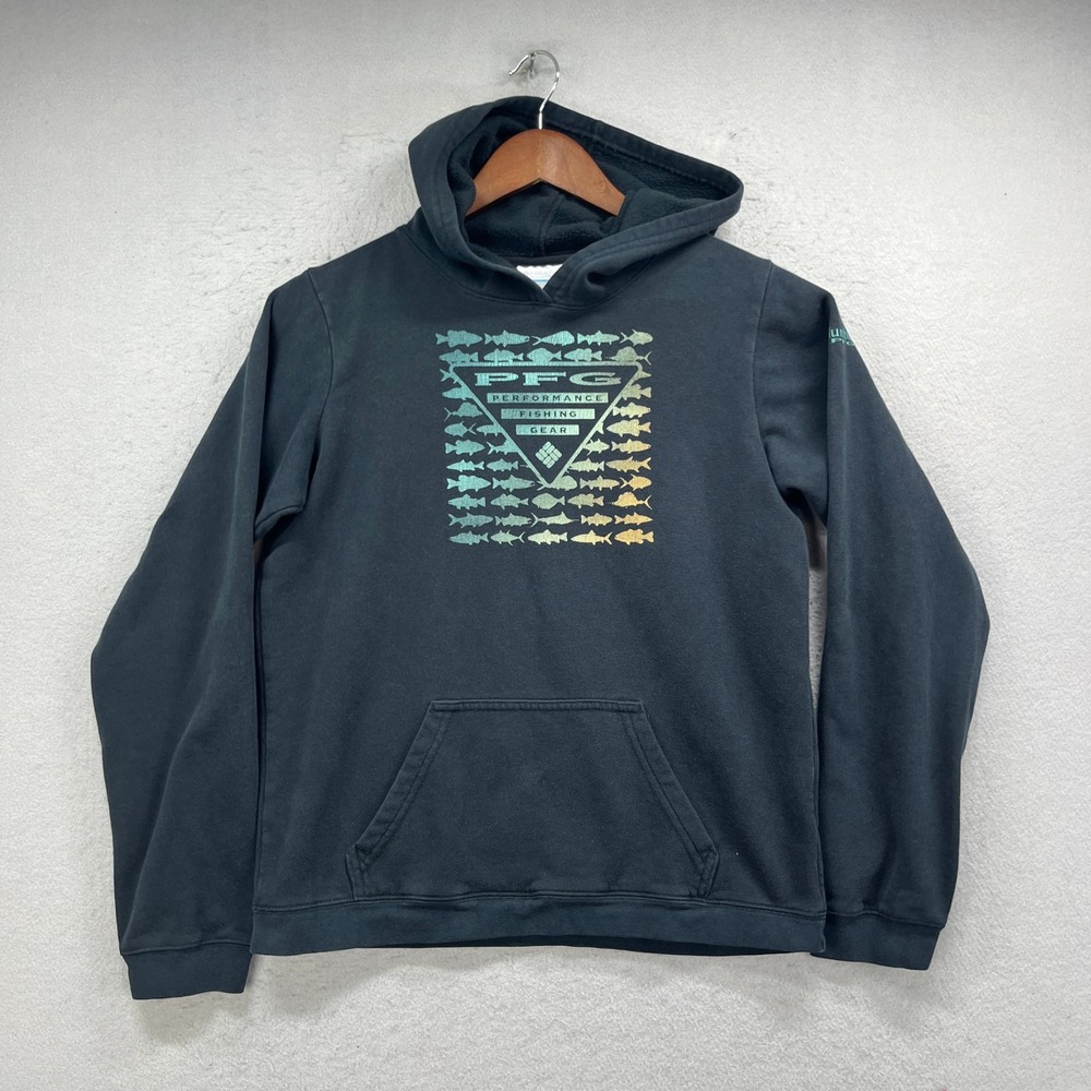 Columbia PFG Hoodie Boys Large Black Fish Graphic Pullover Fleece Sweatshirt